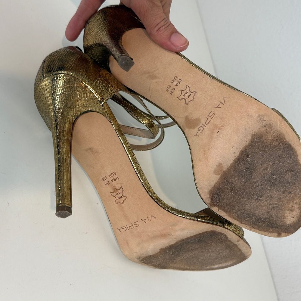 Via Spiga Gold Strappy Snakeskin Embossed Leather Heels 10 - Picture 6 of 10